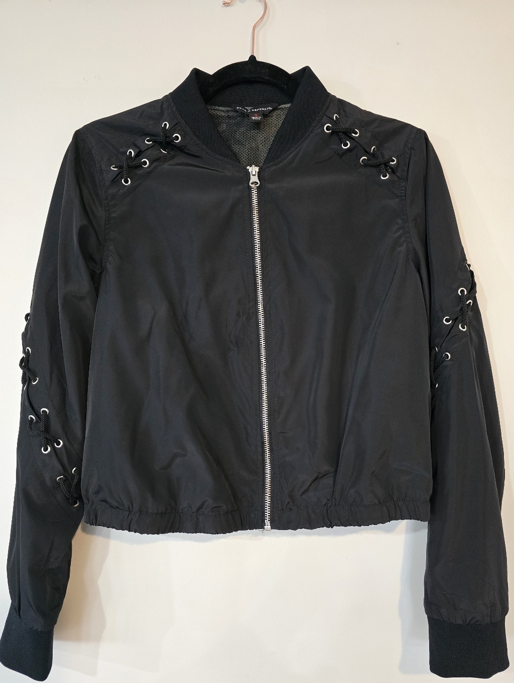 Rock & Republic Black Lace-Up Eyelet Bomber Jacket. Ladies Size Small.